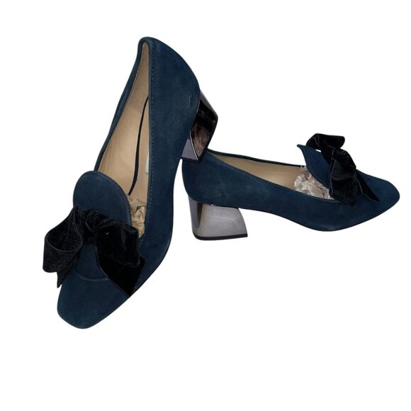 karl lagerfeld blue suede shoes black velvet bows silver mirrored heels … - Picture 1 of 6